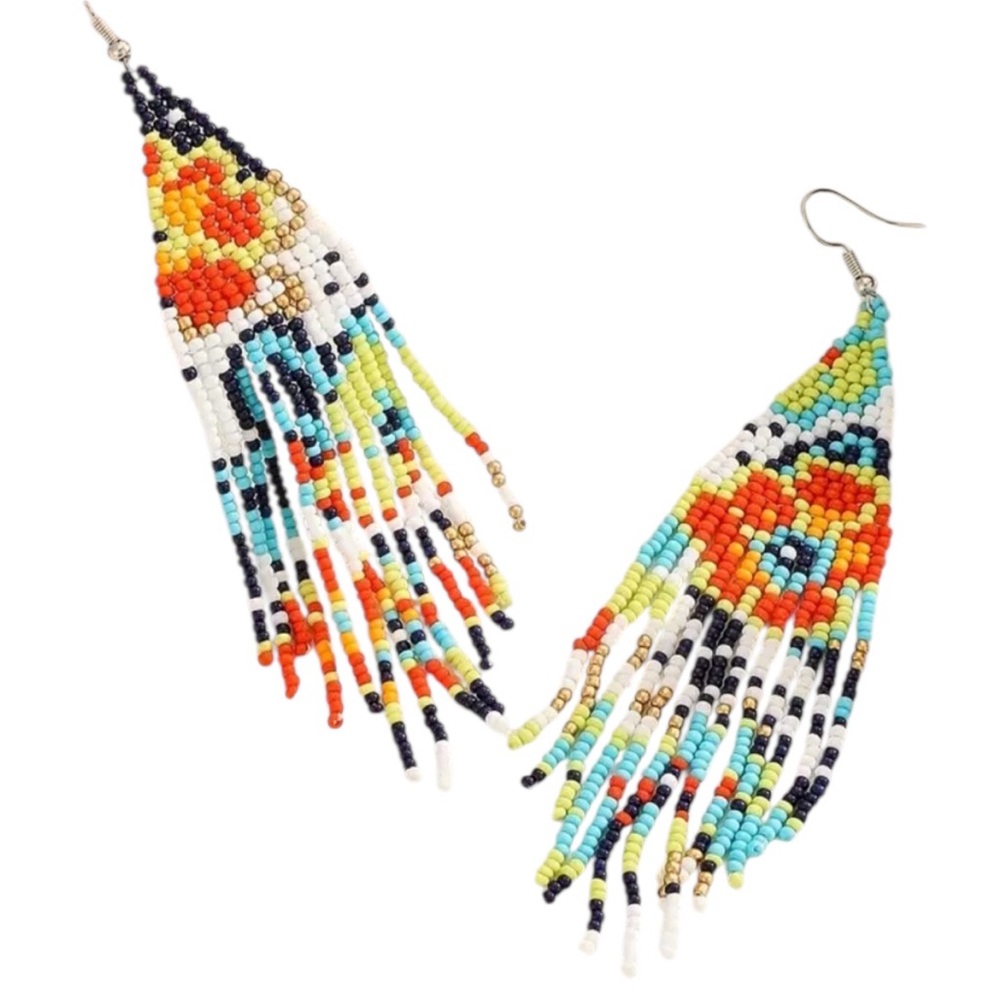 Colorful Floral Beaded Tassel Dangle Earrings
